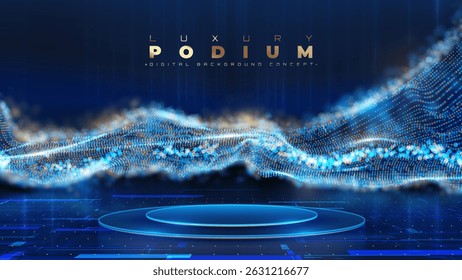 Empty podium with golden neon lights on blue background with glowing micro particles effect with bokeh decoration. Futuristic luxury stage design concept. Vector illustration.