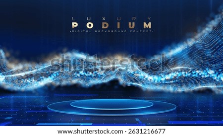 Empty podium with golden neon lights on blue background with glowing micro particles effect with bokeh decoration. Futuristic luxury stage design concept. Vector illustration.