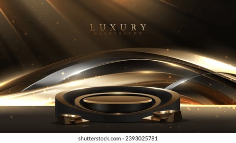 Empty podium golden on black background with ribbon elements and light neon effects with bokeh decorations. Luxury scene design concept. Vector illustrations.