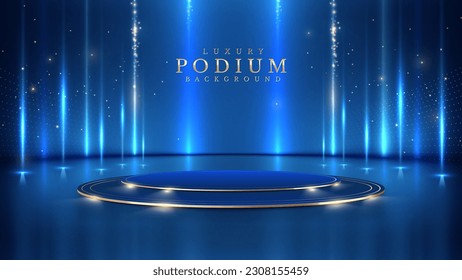 Empty podium golden on blue background with light neon effects with bokeh decorations. Luxury scene design concept. Vector illustrations. - Shutterstock ID 2308155459