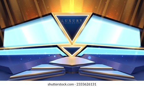 Leeres Podium golden auf blauem Hintergrund mit hellen Neoneffekten mit Bokeh-Dekorationen. Luxuriöses Design-Konzept. Vektorgrafiken.