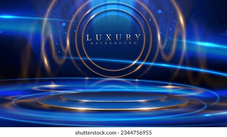 Empty podium golden on blue background with light neon effects with bokeh decorations. Luxury scene design concept. Vector illustrations.