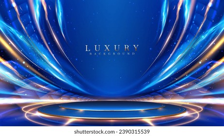 Empty podium golden on blue background with light neon effects and fire with bokeh decorations. Luxury scene design concept. Vector illustrations.