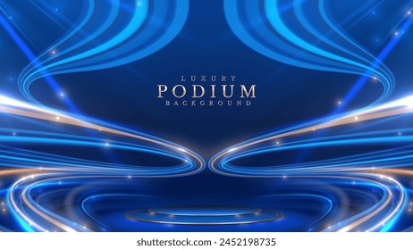 Empty podium golden on blue background with light neon effects with bokeh decorations. Luxury scene design concept. Vector illustrations.