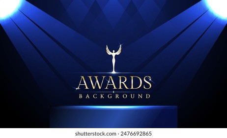 Empty podium golden on blue background with light neon effects with bokeh decorations. Luxury scene design concept. Vector illustrations.
