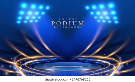 Empty podium golden on blue background with spotlight neon effects with bokeh decorations. Luxury scene design concept. Vector illustrations.