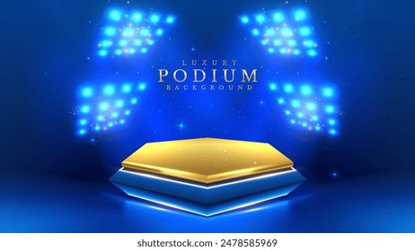 Empty podium golden on blue background with light neon effects with bokeh decorations. Luxury scene design concept. Vector illustrations.