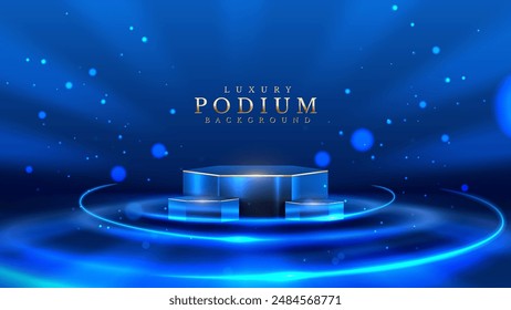 Empty podium golden on blue background with light neon effects with bokeh decorations. Luxury scene design concept. Vector illustrations.