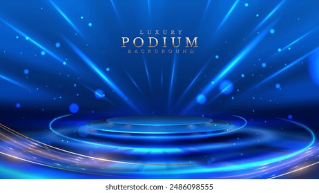 Empty podium golden on blue background with light neon effects with bokeh decorations. Luxury scene design concept. Vector illustrations.