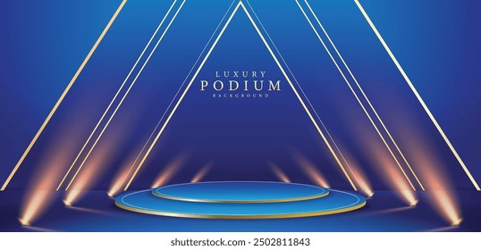 Empty podium golden on blue background with light neon effects with bokeh decorations. Luxury scene design concept. Vector illustrations.
