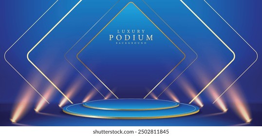 Empty podium golden on blue background with light neon effects with bokeh decorations. Luxury scene design concept. Vector illustrations.
