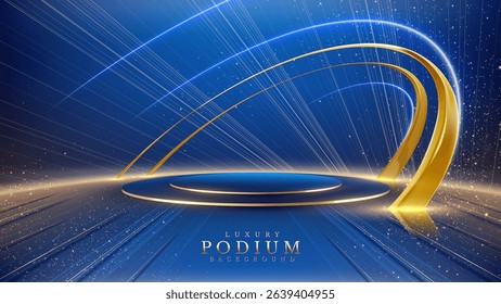 Empty podium golden on blue background with light neon effects with bokeh decorations. Luxury scene design concept. Vector illustrations.
