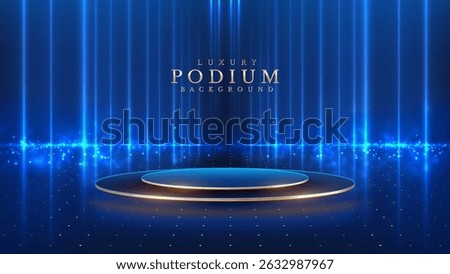 Empty podium golden on blue background with light neon effects with bokeh decorations. Luxury scene design concept. Vector illustrations.