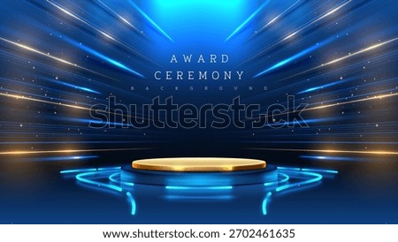 Empty podium golden on blue background with light neon effects with bokeh decorations. Luxury scene design concept. Vector illustrations.