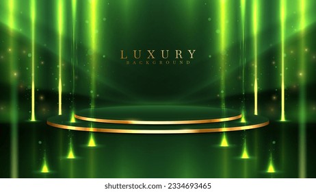 Empty podium golden on green background with light neon effects with bokeh decorations. Luxury scene design concept. Vector illustrations.