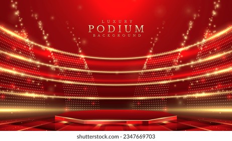 Empty podium golden on red background with light neon effects with bokeh decorations. Luxury scene design concept. Vector illustrations.