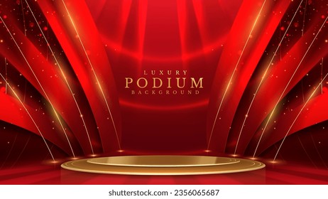 Empty podium golden on red background with light neon effects with bokeh decorations. Luxury scene design concept. Vector illustrations.