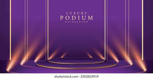 Empty podium golden on violet background with light neon effects with bokeh decorations. Luxury scene design concept. Vector illustrations.