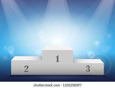 The empty podium is illuminated by spotlights for awarding winners. Blank background for the presentation.