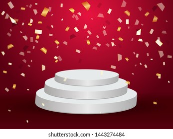 Empty Podium illuminated with  golden confetti. Vector illustration.