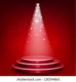 Empty podium illuminated lights on red grunge background