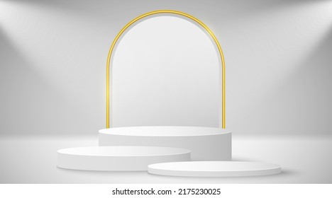 Empty podium with light effect to display your product. 3D scene for show. Cylindrical pedestal for your business mockup. Vector illustration. EPS 10