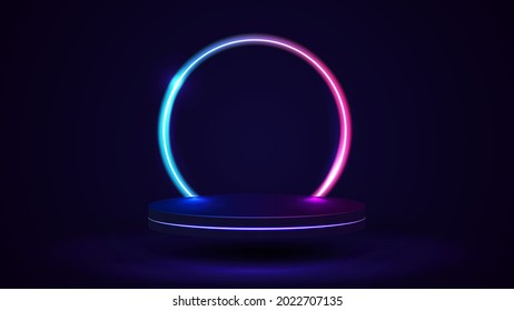 Empty podium with line gradient neon ring on background. 3d render. illustration with abstract scene with pink and blue neon frame