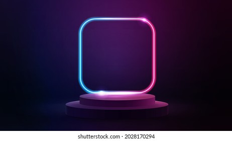 Empty podium with line gradient neon square frame with rounded corners. 3d render illustration with abstract scene with pink and blue neon frame