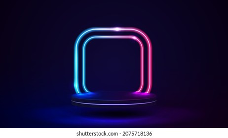 Empty podium with line gradient neon square frames with rounded corners on background. Abstract scene with pink and blue neon frames and flying platform