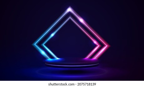 Empty podium with line gradient neon rhombus frames. Abstract scene with pink and blue neon frames and flying platform