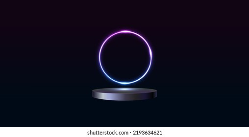 Leeres Podium mit Farbverlauf-Neonring auf Hintergrund. 3D-Rendering. Illustration mit abstrakter Szene mit Neonrahmen