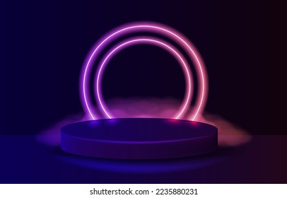 Podio vacío con anillo de neón de gradiente de línea sobre fondo. Ilustración con escena abstracta con marco neón rosado y púrpura. Bombilla de neón brillante