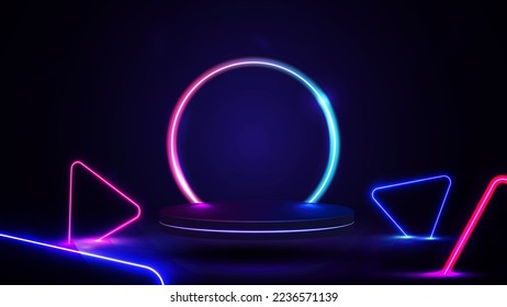 Empty podium with line gradient neon ring on background and neon blue and pink triangles around. 3d render. illustration with abstract scene with pink and blue neon frame