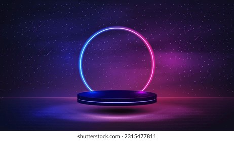 Empty podium with line gradient neon ring on background with night starry landscape