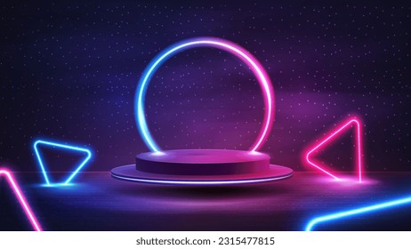 Empty podium with line gradient neon ring on background. illustration with podium on background with night landscape