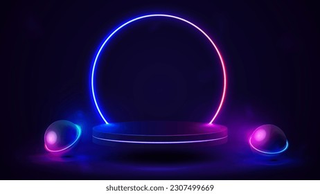 Empty podium with line gradient pink and blue neon ring and neon spheres. 3d render.