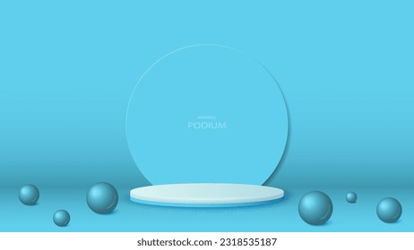 An empty podium in minimal style with a round arch on a blue background. A platform for cosmetics in the room.