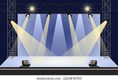 Empty podium in nightclub. Nobody on dance club stage. Promotion show with spotlights. Nobody on scene for party with music speakers. Dark blue background interior indoor studio. Vector illustration