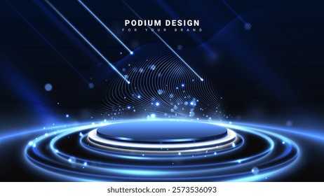 Empty podium on dark background decorated with blue glowing lines and bokeh effect, futuristic technology backdrop design concept for IT product promotion.