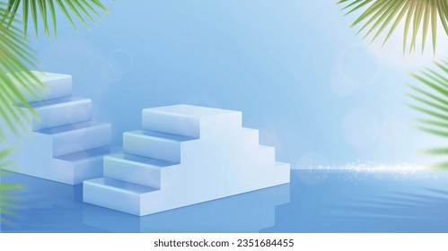 Empty podium on glossy floor with tropical leaves and glowing effect realistic background vector illustration