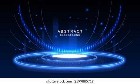 Empty Podium on Neon Blue Background | Luxury Scene Design Concept | Abstract Vector Illustration with Circle Light Effects for Banners and Product Displays