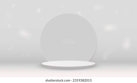 An empty podium on a white background with a glossy glass frame. Platform on a gray background with a shadow.
