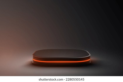 Empty podium with orange line neon on black background. 3d render. Vector illustration