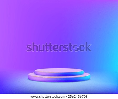 Empty podium or pedestal with steps. On modern neon light background. Vector illustration