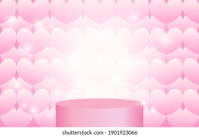 Podio vacío para colocar elementos. Dulce y bella historia con corazones rosas, diseño de concepto de amor para el comercio, Día de San Valentín, promoción, sitio web, aplicación móvil, banner. Las ilustraciones rosas transmiten amor.