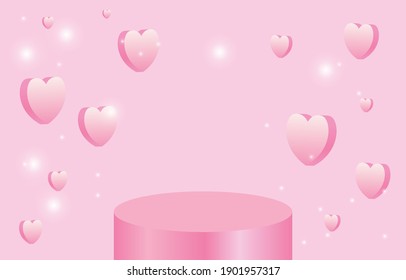 Podio vacío para colocar elementos. Dulce y bella historia con corazones rosas, diseño de concepto de amor para el comercio, Día de San Valentín, promoción, sitio web, aplicación móvil, banner. Las ilustraciones rosas transmiten amor.