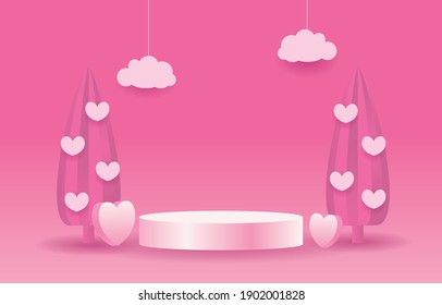 Empty podium for placing items. Sweet beautiful background with pink hearts, love concept design for trade, Valentine's Day, promotion, website, mobile app, banner.Pink illustrations convey love.