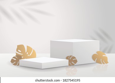 Empty podium for placing products. white cube decorated with golden leaves. White background with leaf shadows.