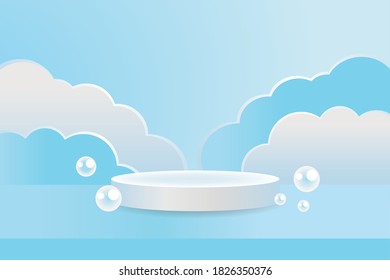 Empty podium for placing products.A white cylinder on a bright blue.Water wave and air bubble concept.Use it for as an ad background or banner.