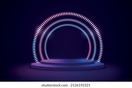 Empty podium, platform with glowing neon gradient rings in futuristic style. Scene with geometric blue-violet moving frame.